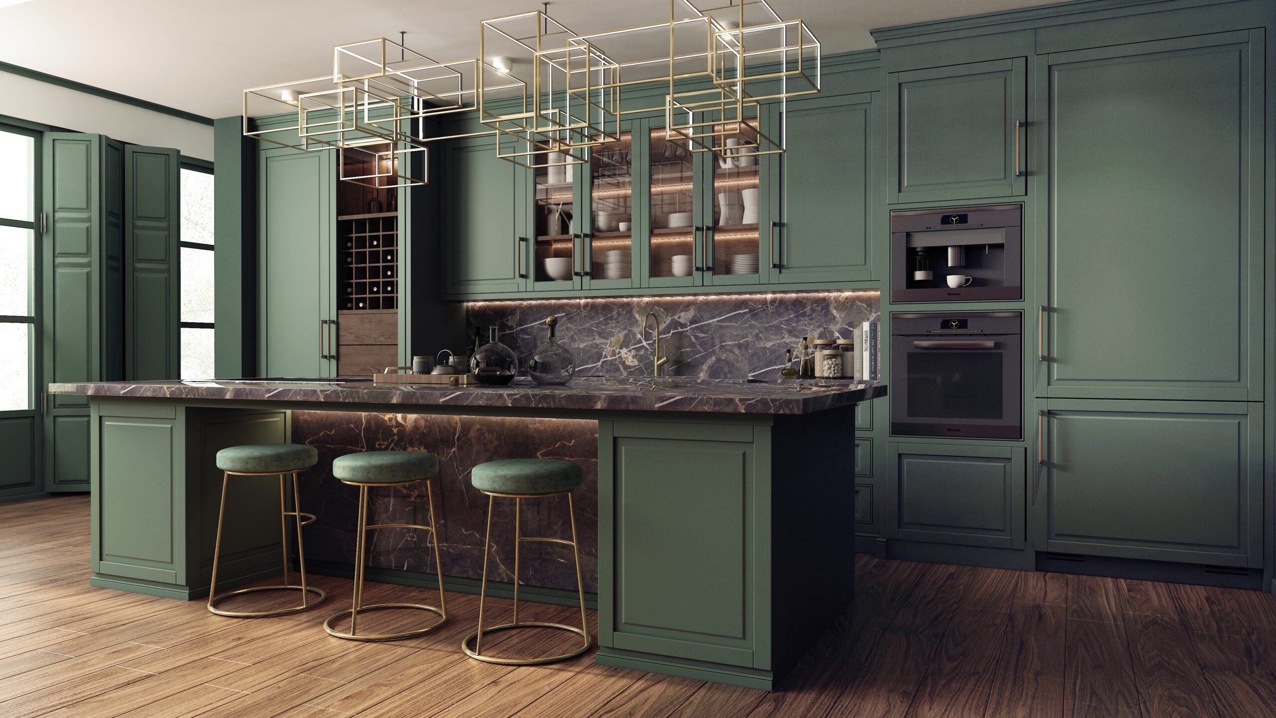 The interior of the kitchen was designed as a combination of classic modern and glamour styles. Dark green decorative fronts of cabinets harmonize with black marble and golden details. 3d illustration