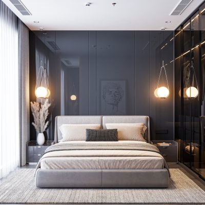 Stylish modern black bedroom interior with glass wardrobe, master bed wardrobe with sliding glass doors, hanging lamps. 3d render, illustration